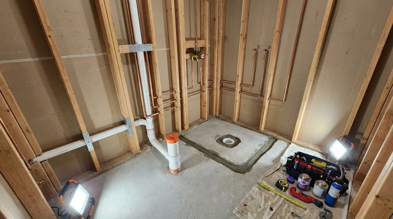 Bathroom rough-in plumbing during remodel by Johns Plumbing LLC in Morrisonville
