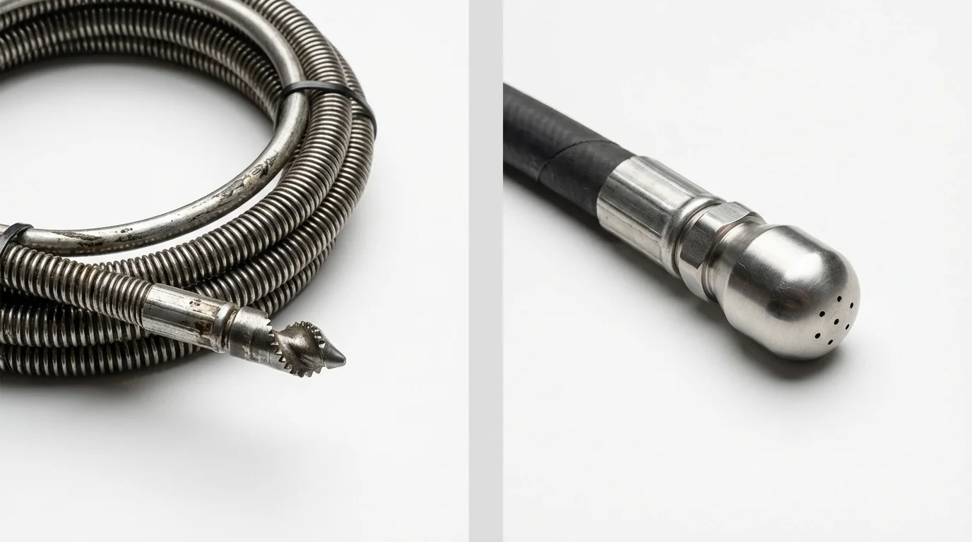 Drain snake cable and hydro jetting nozzle used for drain cleaning in Morrisonville, NY