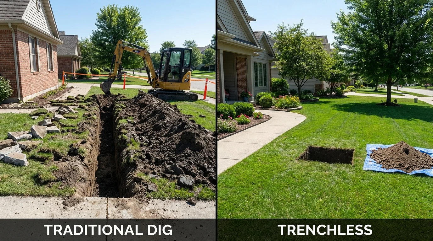 Trenchless sewer repair with minimal yard damage versus traditional excavation in Morrisonville, NY