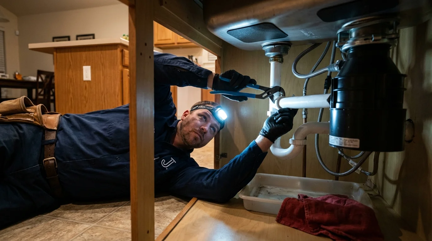 P-trap and supply line connections under a kitchen sink showing a common leak point in Morrisonville, NY